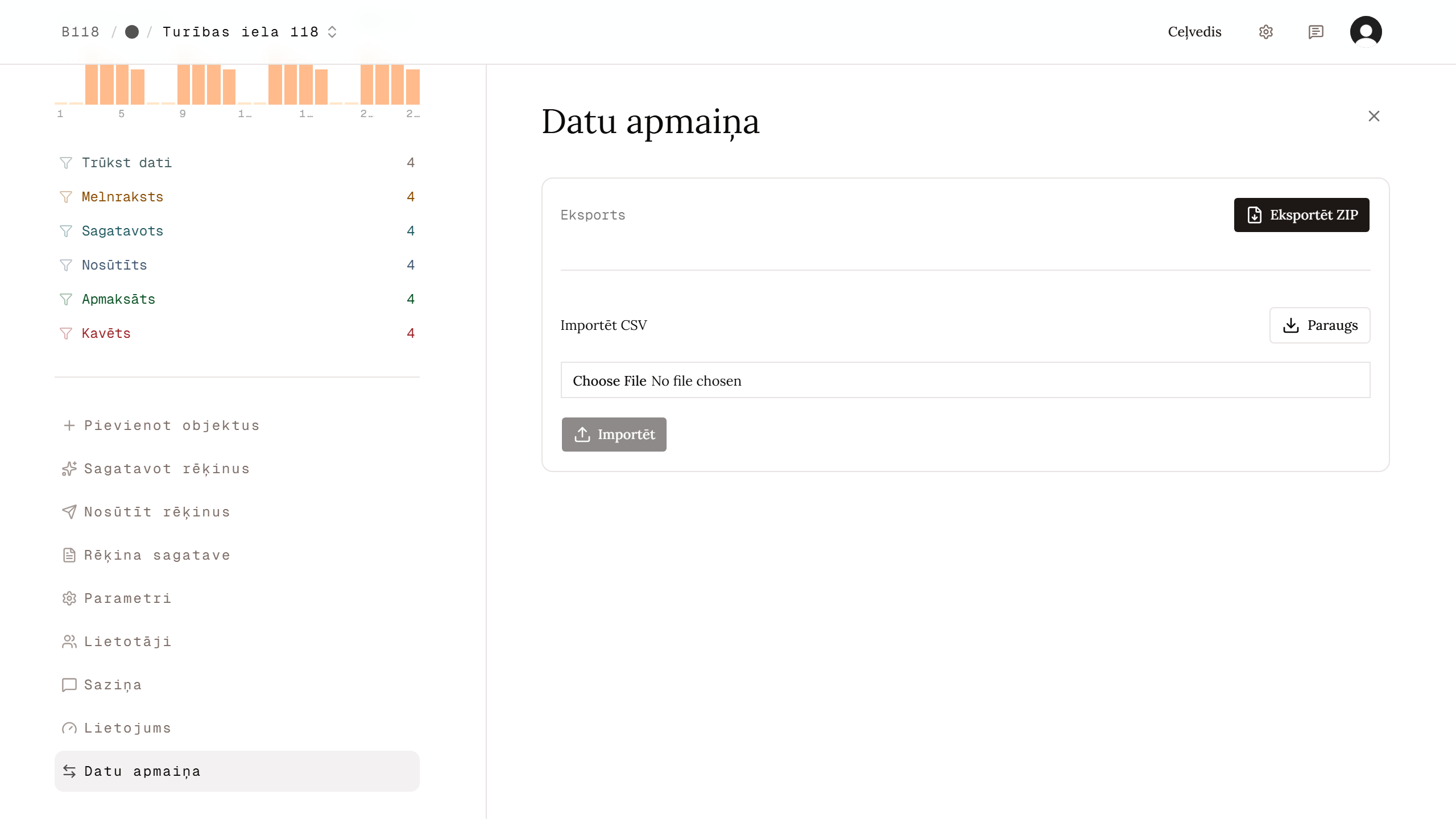 Datu apmaiņas sadaļa ar importa un eksporta iespējām.