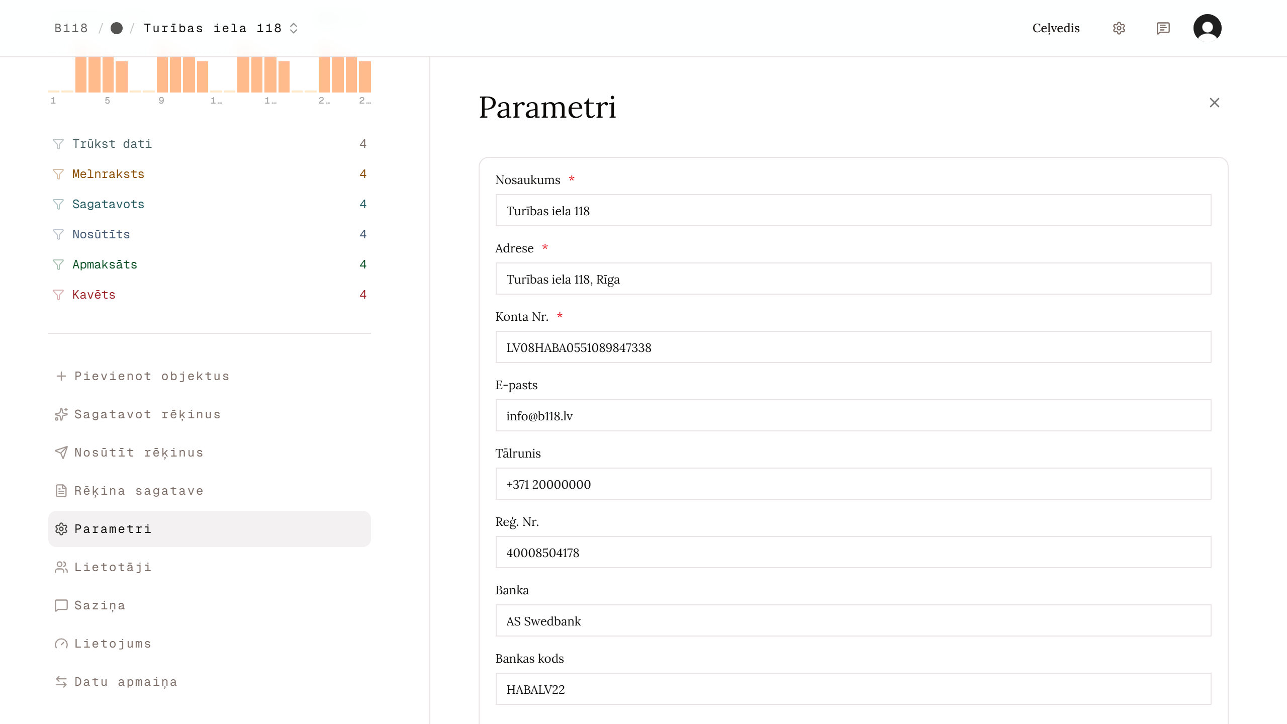 Organizācijas parametru panelis ar rekvizītiem un noklusējumiem.